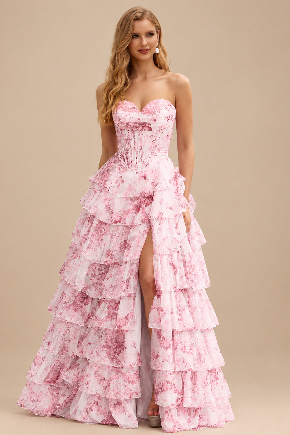 Rutipo Blushing Pink Floral A-line Strapless Floral Print Tiered Ruffle Prom Dress with Corset Back and High Slit