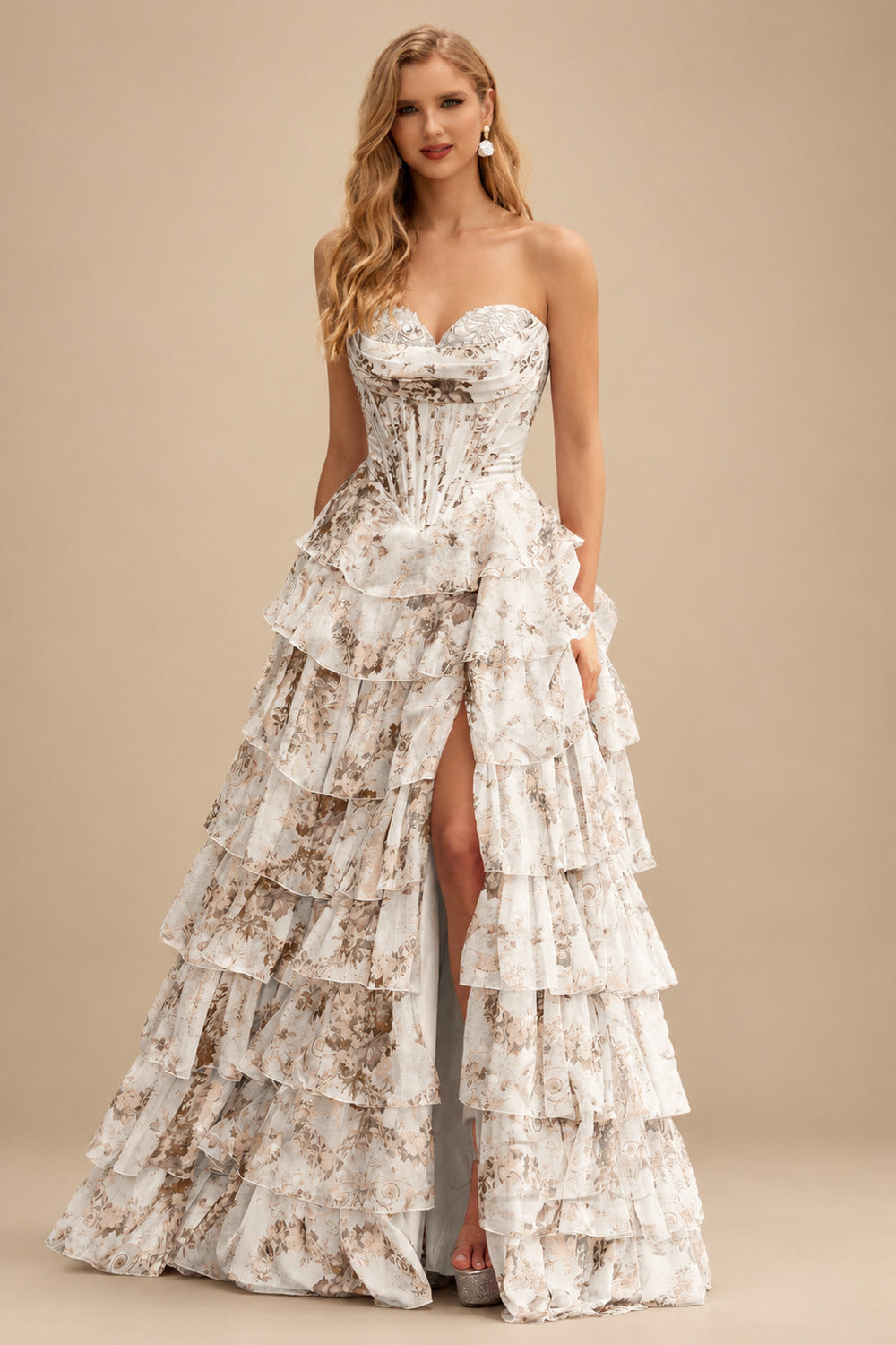 Rutipo Champagne Floral A-line Strapless Floral Print Tiered Ruffle Prom Dress with Corset Back and High Slit