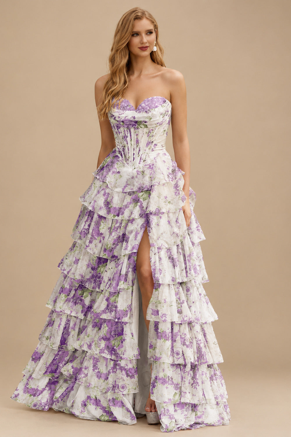 Rutipo Grape Floral A-line Strapless Floral Print Tiered Ruffle Prom Dress with Corset Back and High Slit