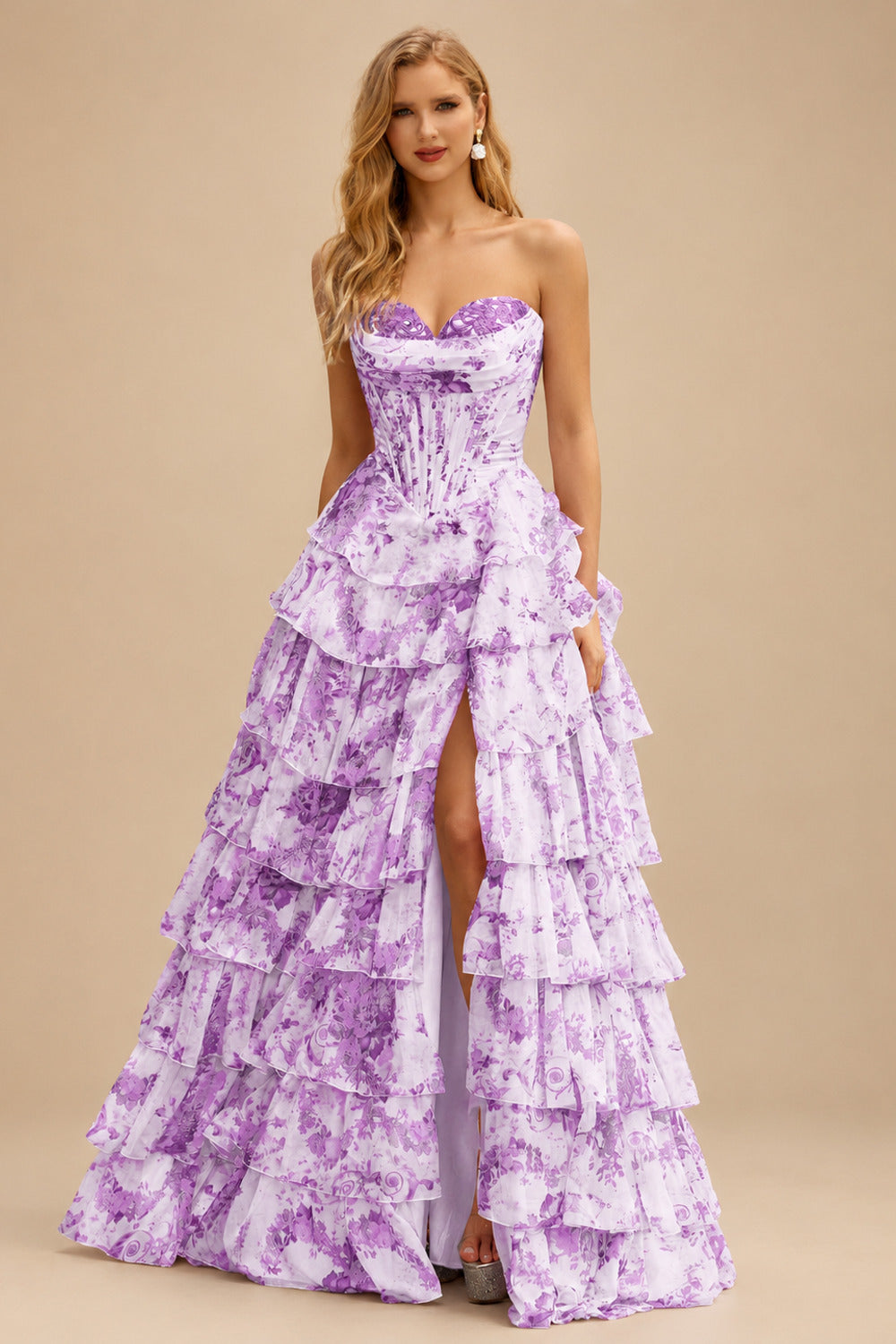 Rutipo Purple Floral A-line Strapless Floral Print Tiered Ruffle Prom Dress with Corset Back and High Slit