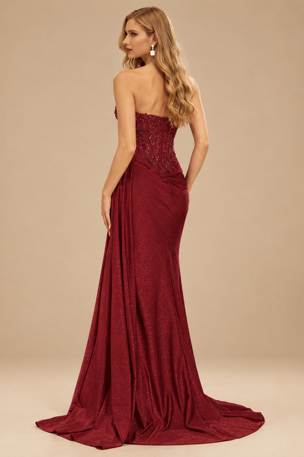 Rutipo Burgundy Sparkly Strapless Floral Corset Ruching Slit Prom Dress with Side Draping