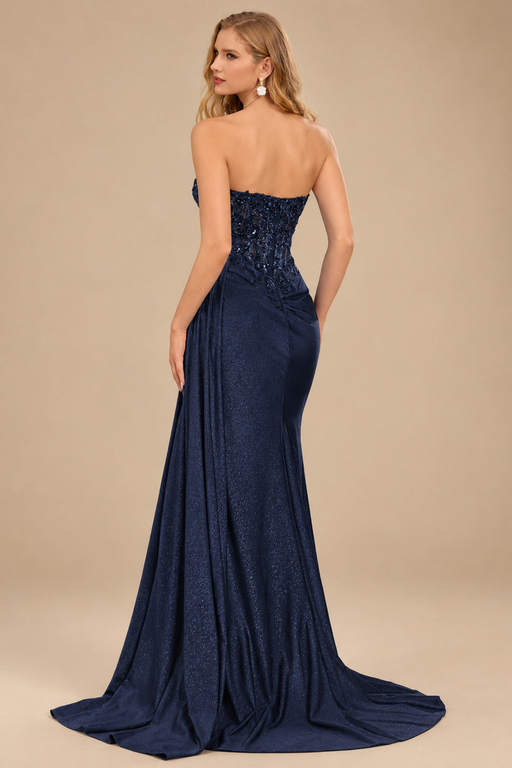 Rutipo Dark Navy Sparkly Strapless Floral Corset Ruching Slit Prom Dress with Side Draping