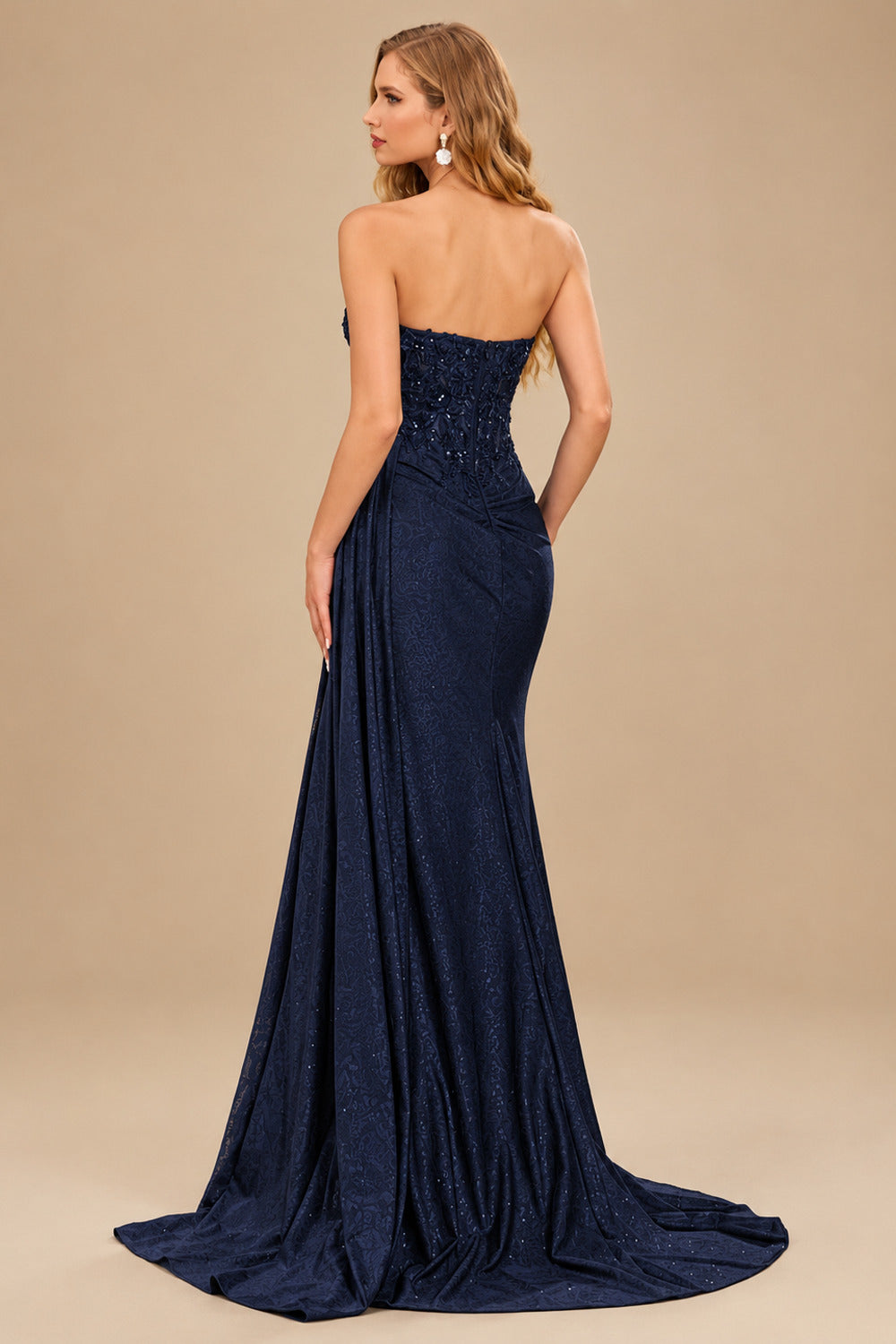 Rutipo Dark Navy Sparkly Strapless Floral Corset Ruching Slit Prom Dress with Side Draping