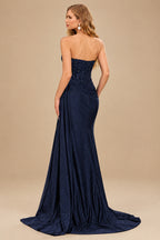 Rutipo Dark Navy Sparkly Strapless Floral Corset Ruching Slit Prom Dress with Side Draping