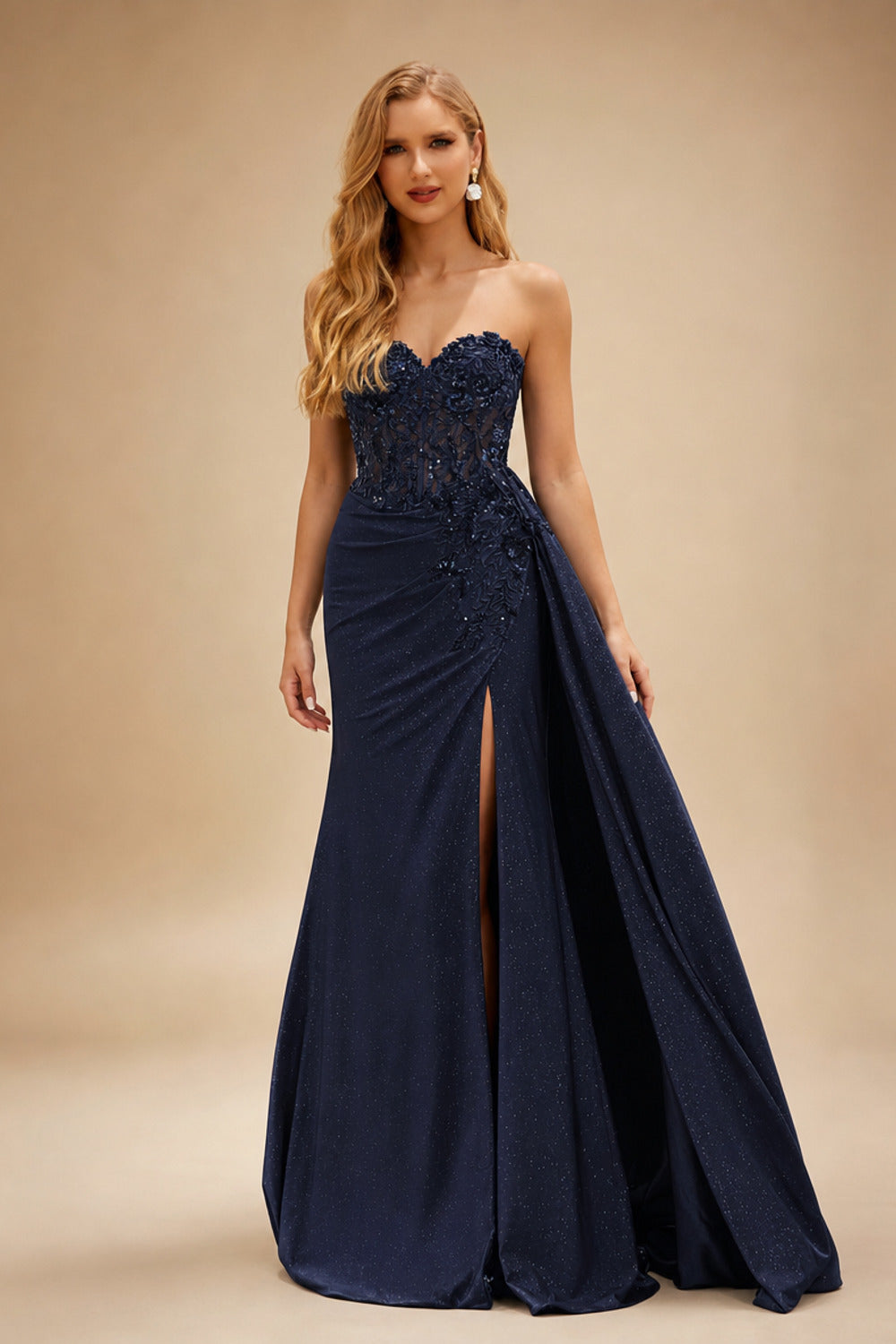 Rutipo Dark Navy Sparkly Strapless Floral Corset Ruching Slit Prom Dress with Side Draping