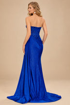 Rutipo Royal Blue Sparkly Strapless Floral Corset Ruching Slit Prom Dress with Side Draping