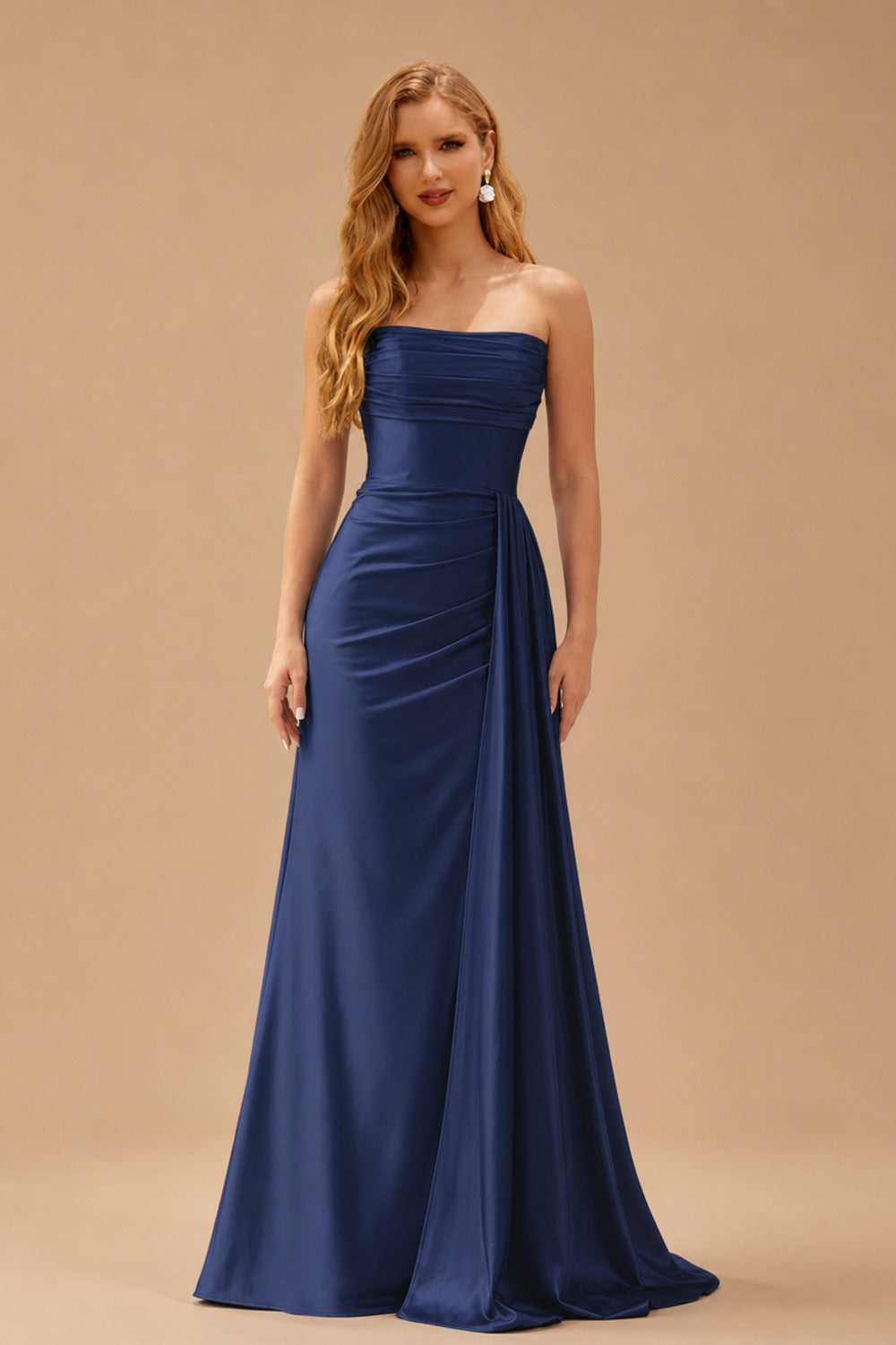 Rutipo Dark Navy Fitted Strapless Ruched Corset Prom Dress with Side Drape Slit