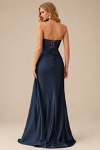 Rutipo Dark Navy Fitted Strapless Ruched Corset Prom Dress with Side Drape Slit