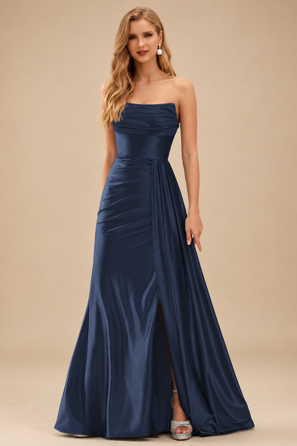 Rutipo Dark Navy Fitted Strapless Ruched Corset Prom Dress with Side Drape Slit