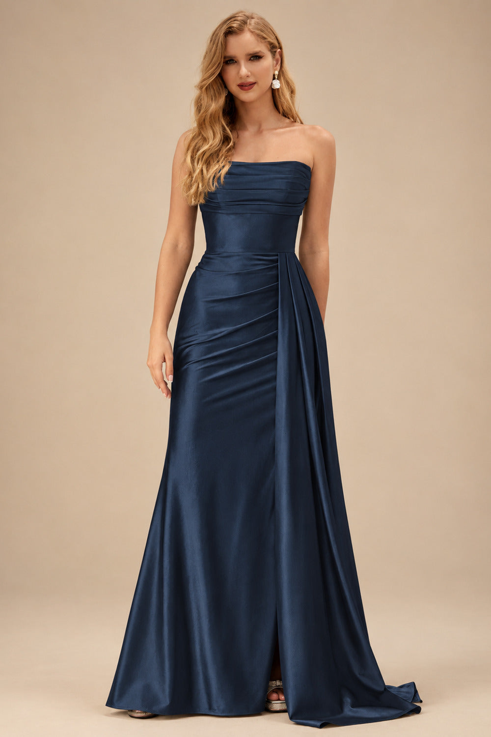 Rutipo Dark Navy Fitted Strapless Ruched Corset Prom Dress with Side Drape Slit
