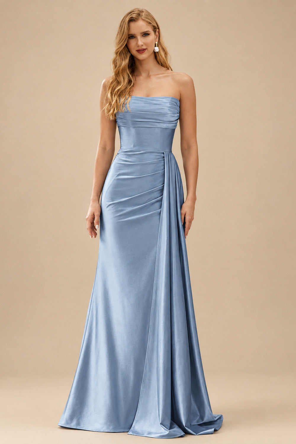 Rutipo Dusty Blue Fitted Strapless Ruched Corset Prom Dress with Side Drape Slit
