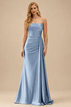 Rutipo Dusty Blue Fitted Strapless Ruched Corset Prom Dress with Side Drape Slit