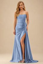 Rutipo Dusty Blue Fitted Strapless Ruched Corset Prom Dress with Side Drape Slit