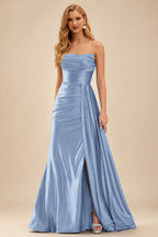 Rutipo Dusty Blue Fitted Strapless Ruched Corset Prom Dress with Side Drape Slit