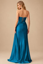 Rutipo Ink Blue Fitted Strapless Ruched Corset Prom Dress with Side Drape Slit