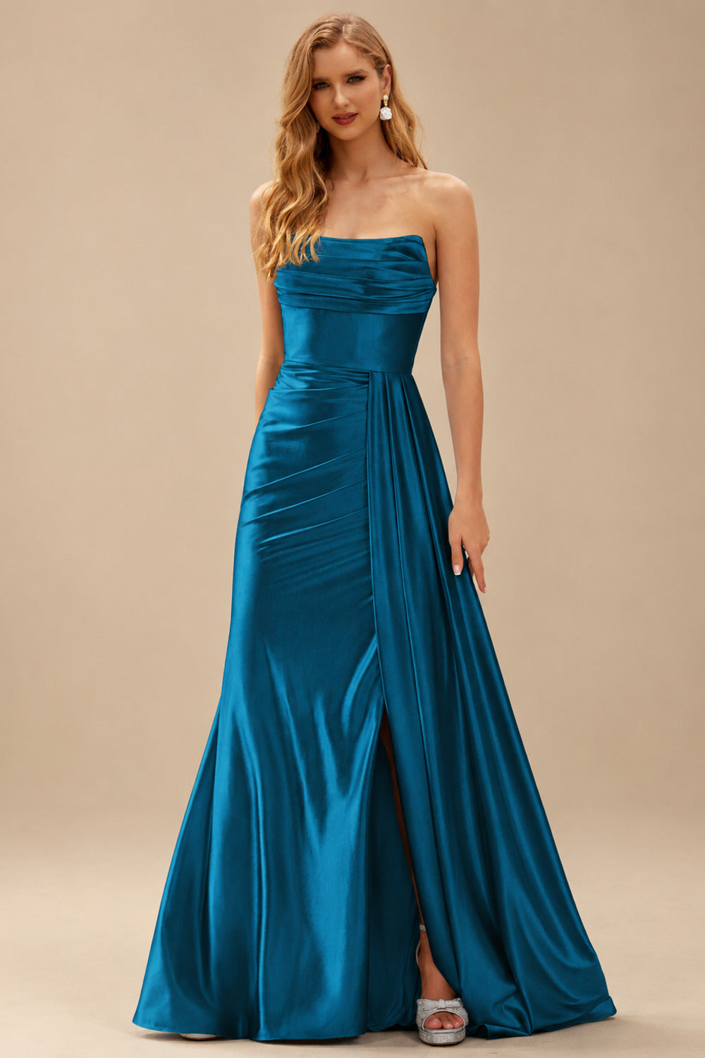 Rutipo Ink Blue Fitted Strapless Ruched Corset Prom Dress with Side Drape Slit