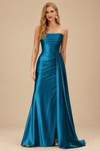 Rutipo Ink Blue Fitted Strapless Ruched Corset Prom Dress with Side Drape Slit