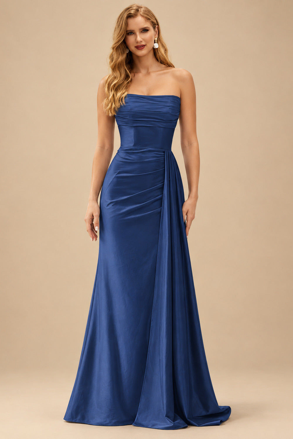 Rutipo Navy Blue Fitted Strapless Ruched Corset Prom Dress with Side Drape Slit
