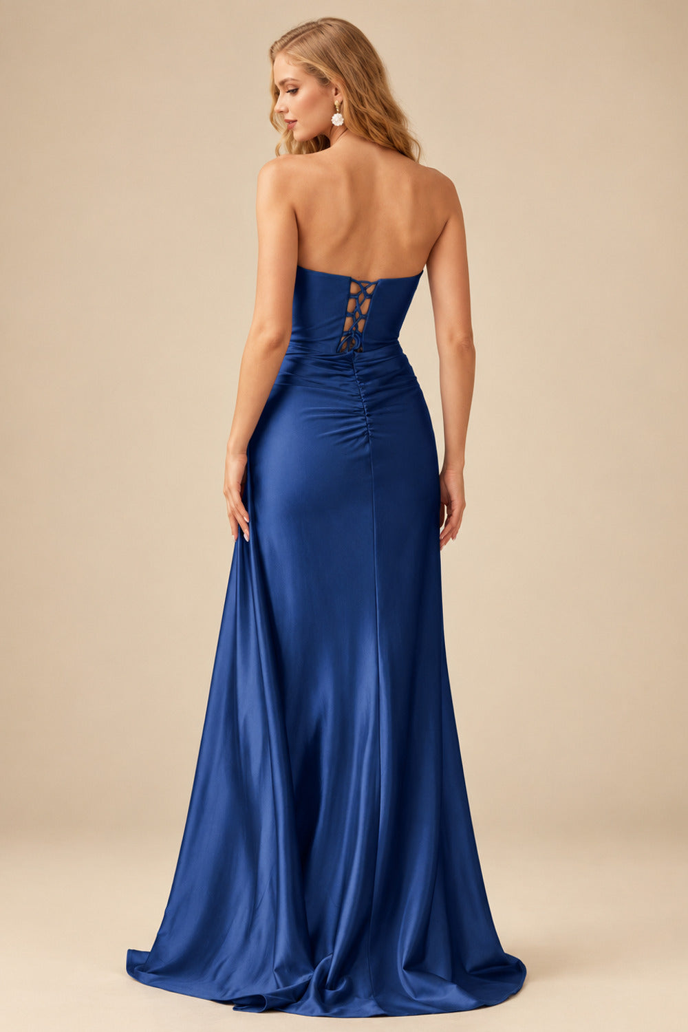 Rutipo Navy Blue Fitted Strapless Ruched Corset Prom Dress with Side Drape Slit