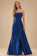 Rutipo Navy Blue Fitted Strapless Ruched Corset Prom Dress with Side Drape Slit