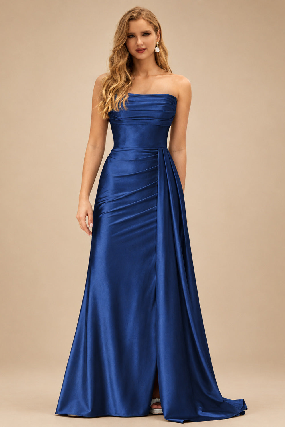 Rutipo Navy Blue Fitted Strapless Ruched Corset Prom Dress with Side Drape Slit