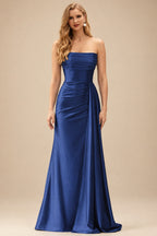 Rutipo Navy Blue Fitted Strapless Ruched Corset Prom Dress with Side Drape Slit