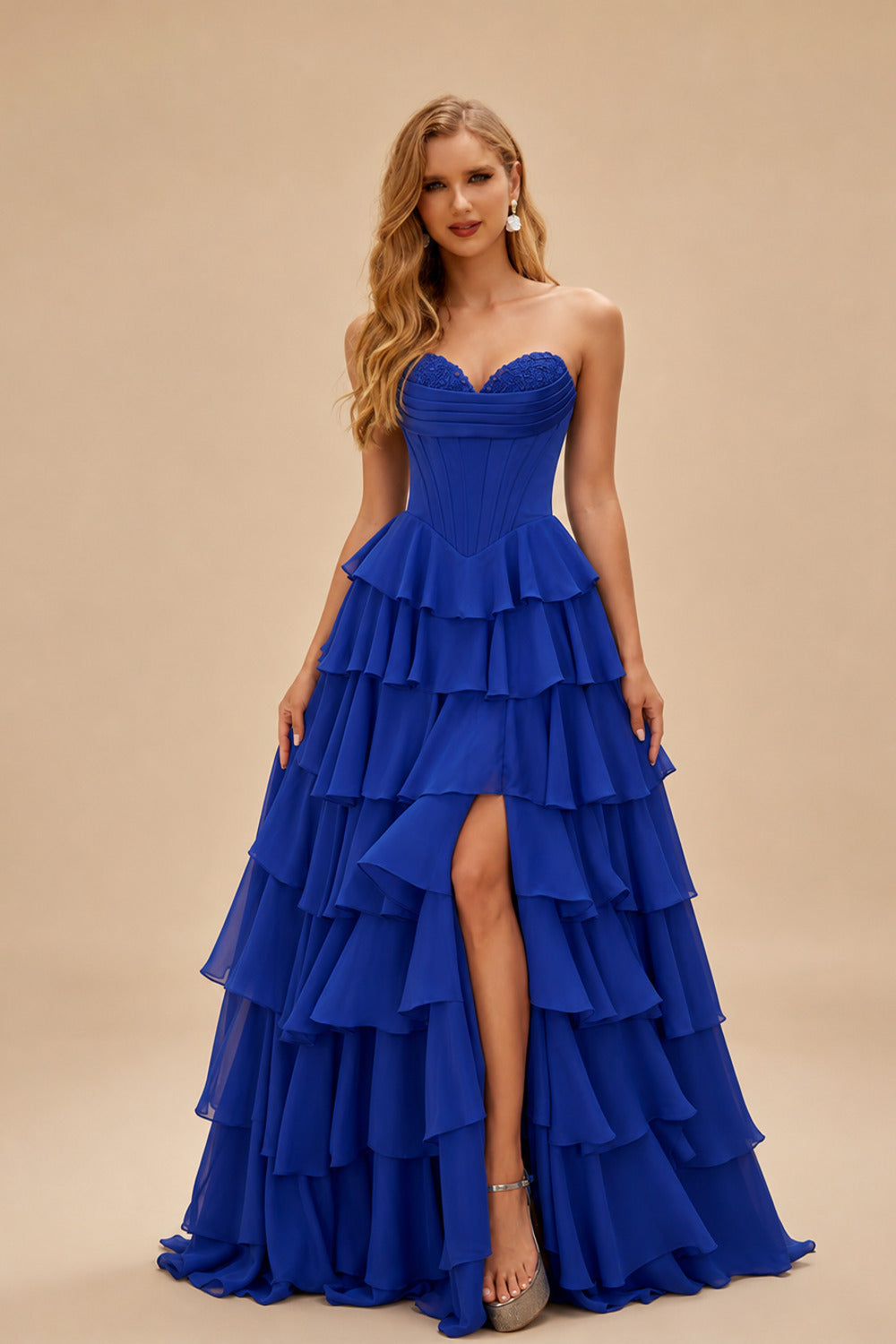 Rutipo Royal Blue A-line Strapless Cowl Neck Basque Waist Corset Ruffle Prom Dress with Slit