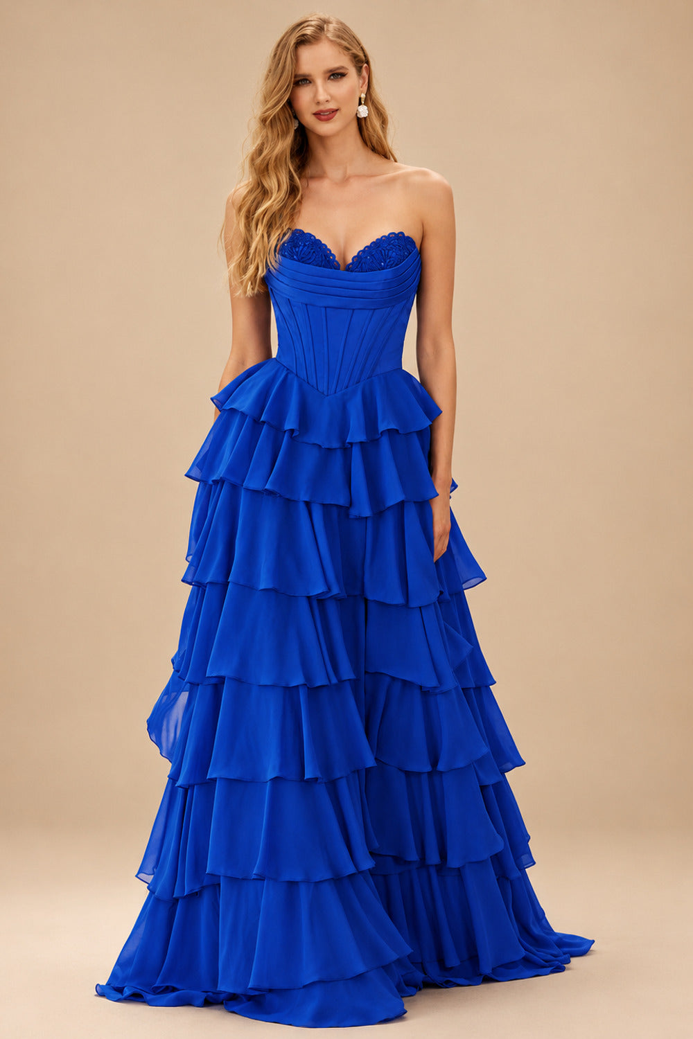 Rutipo Royal Blue A-line Strapless Cowl Neck Basque Waist Corset Ruffle Prom Dress with Slit