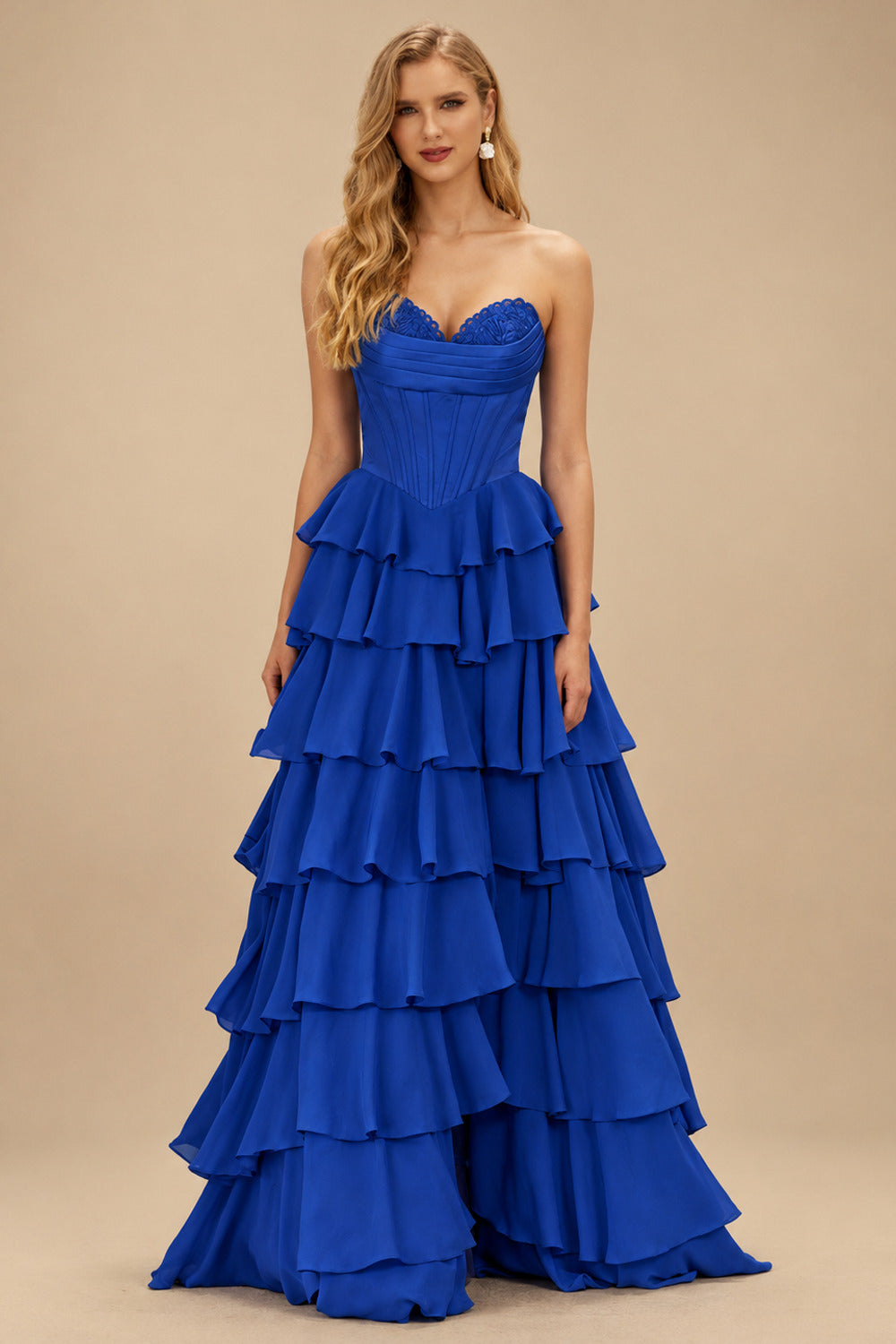 Rutipo Royal Blue A-line Strapless Cowl Neck Basque Waist Corset Ruffle Prom Dress with Slit