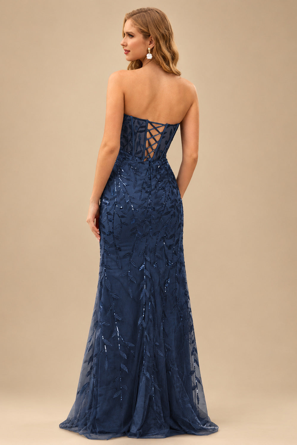 Rutipo Dark Navy Fitted Strapless Sweetheart Sheer Corset Sequins Prom Dress With Slit