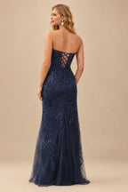 Rutipo Dark Navy Fitted Strapless Sweetheart Sheer Corset Sequins Prom Dress With Slit