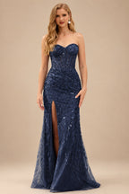 Rutipo Dark Navy Fitted Strapless Sweetheart Sheer Corset Sequins Prom Dress With Slit