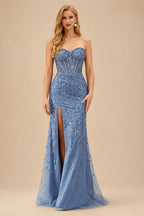 Rutipo Dusty Blue Fitted Strapless Sweetheart Sheer Corset Sequins Prom Dress With Slit