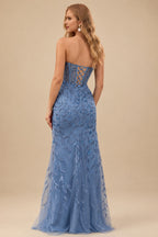 Rutipo Dusty Blue Fitted Strapless Sweetheart Sheer Corset Sequins Prom Dress With Slit
