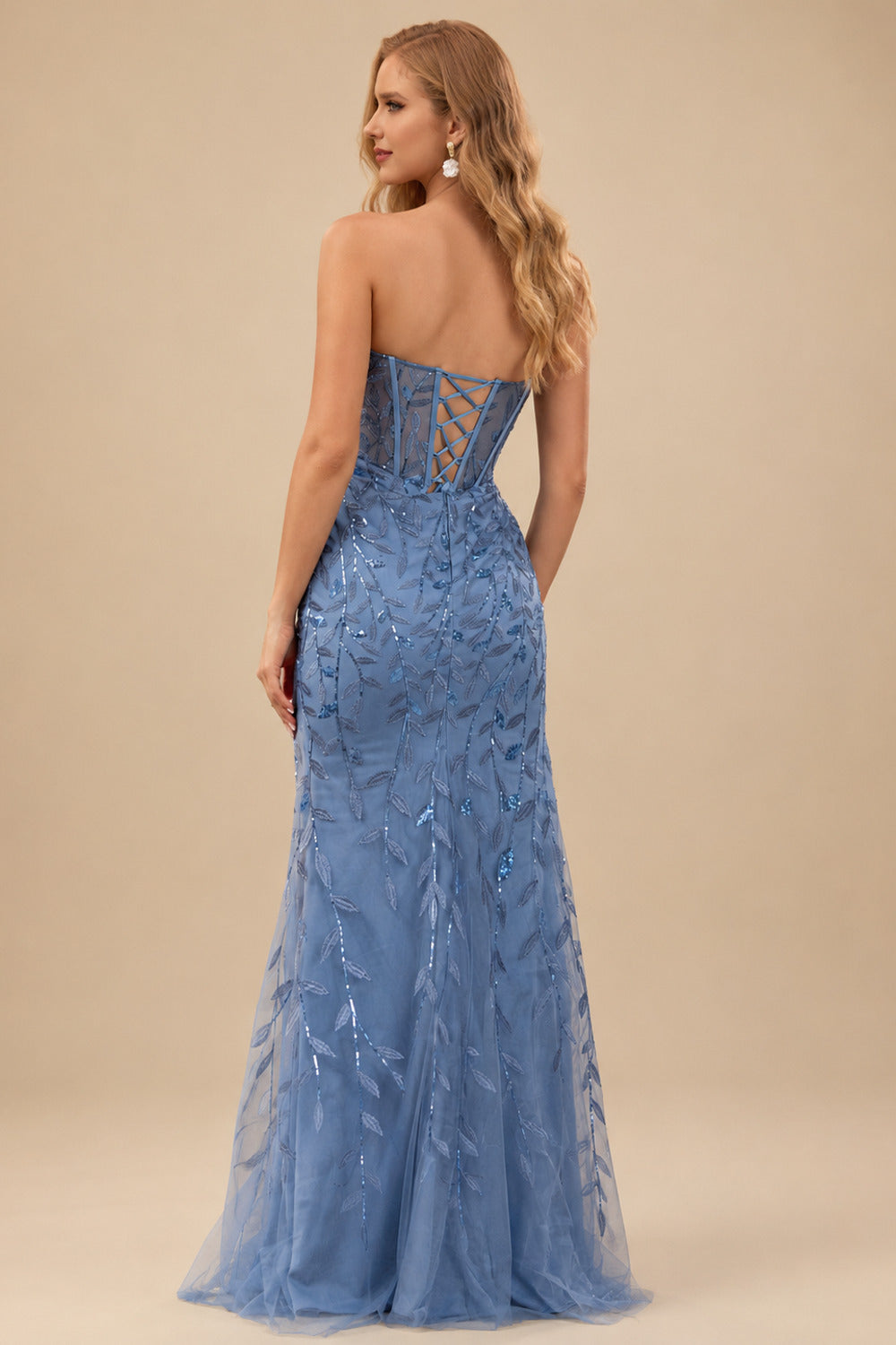 Rutipo Dusty Blue Fitted Strapless Sweetheart Sheer Corset Sequins Prom Dress With Slit
