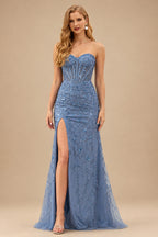 Rutipo Dusty Blue Fitted Strapless Sweetheart Sheer Corset Sequins Prom Dress With Slit