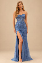 Rutipo Dusty Blue Fitted Strapless Sweetheart Sheer Corset Sequins Prom Dress With Slit