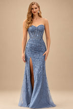 Rutipo Dusty Blue Fitted Strapless Sweetheart Sheer Corset Sequins Prom Dress With Slit