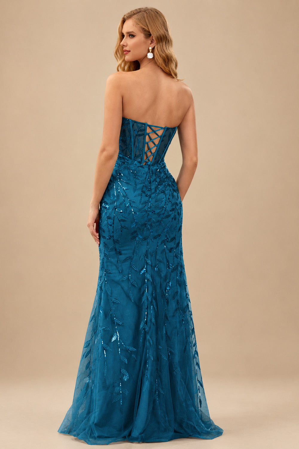 Rutipo Ink Blue Fitted Strapless Sweetheart Sheer Corset Sequins Prom Dress With Slit