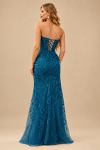 Rutipo Ink Blue Fitted Strapless Sweetheart Sheer Corset Sequins Prom Dress With Slit
