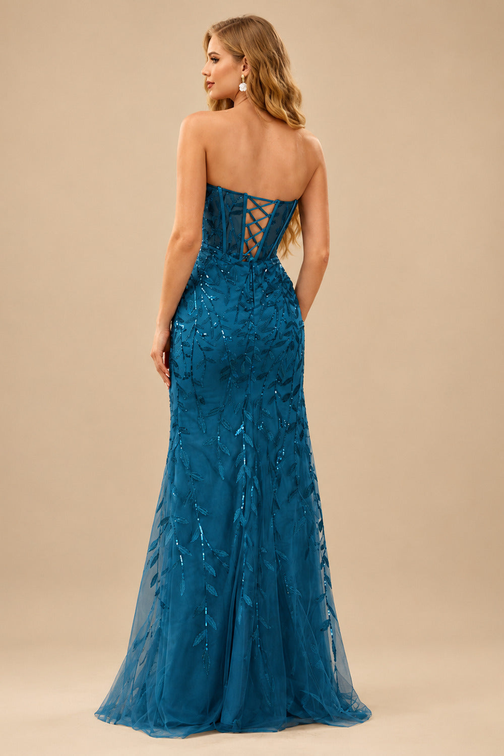 Rutipo Ink Blue Fitted Strapless Sweetheart Sheer Corset Sequins Prom Dress With Slit