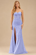 Rutipo Lavender Fitted Strapless Sweetheart Sheer Corset Sequins Prom Dress With Slit