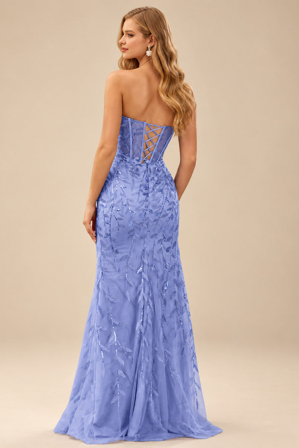Rutipo Lavender Fitted Strapless Sweetheart Sheer Corset Sequins Prom Dress With Slit