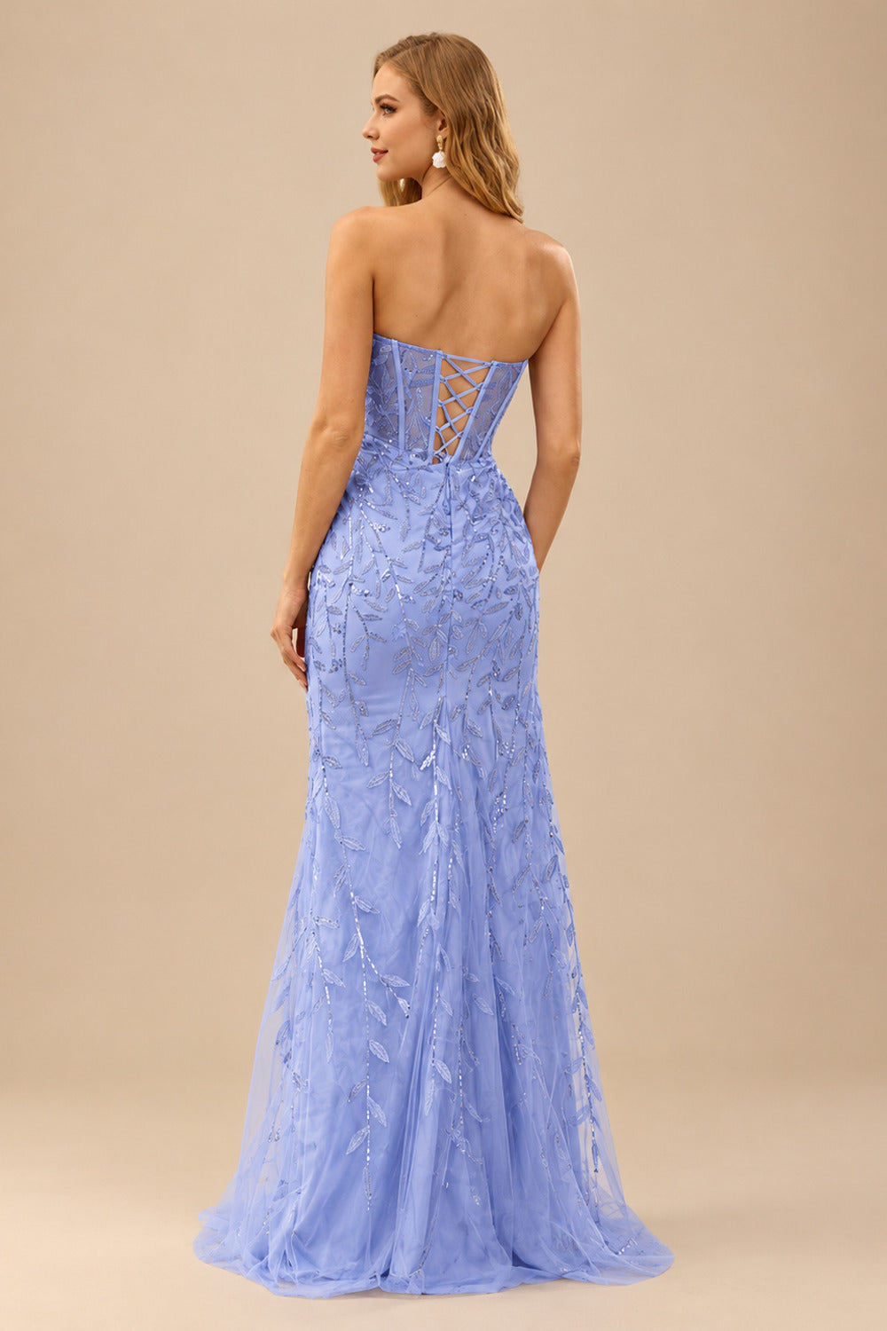 Rutipo Lavender Fitted Strapless Sweetheart Sheer Corset Sequins Prom Dress With Slit