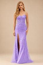 Rutipo Lilac Fitted Strapless Sweetheart Sheer Corset Sequins Prom Dress With Slit