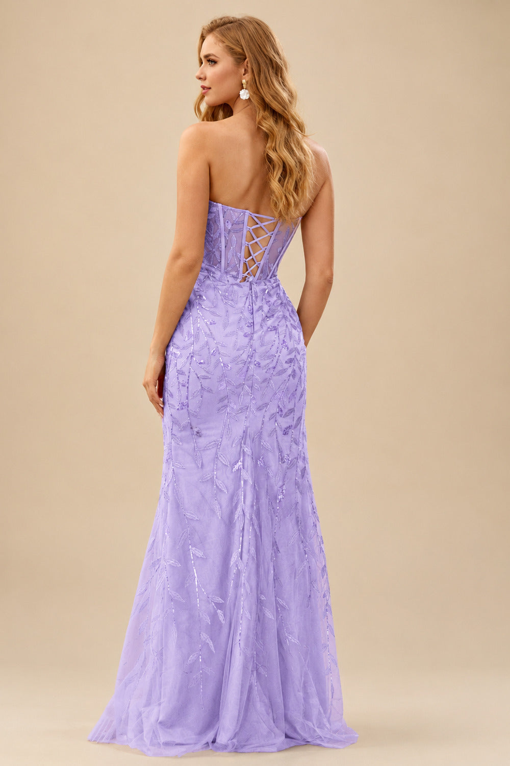 Rutipo Lilac Fitted Strapless Sweetheart Sheer Corset Sequins Prom Dress With Slit