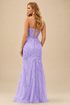 Rutipo Lilac Fitted Strapless Sweetheart Sheer Corset Sequins Prom Dress With Slit