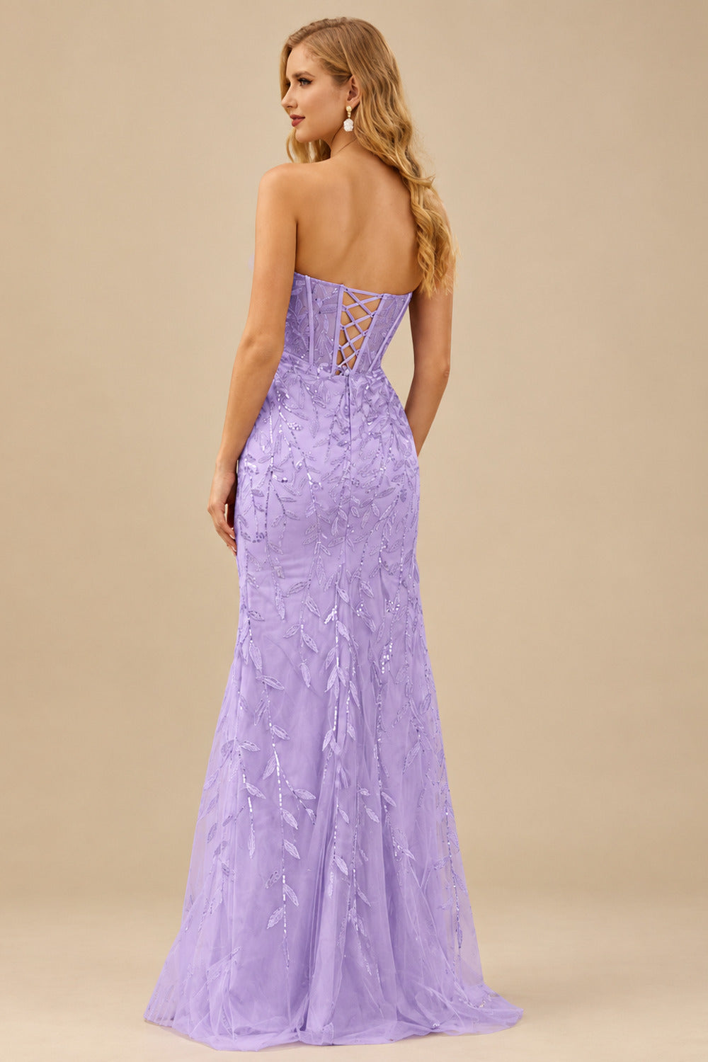 Rutipo Lilac Fitted Strapless Sweetheart Sheer Corset Sequins Prom Dress With Slit