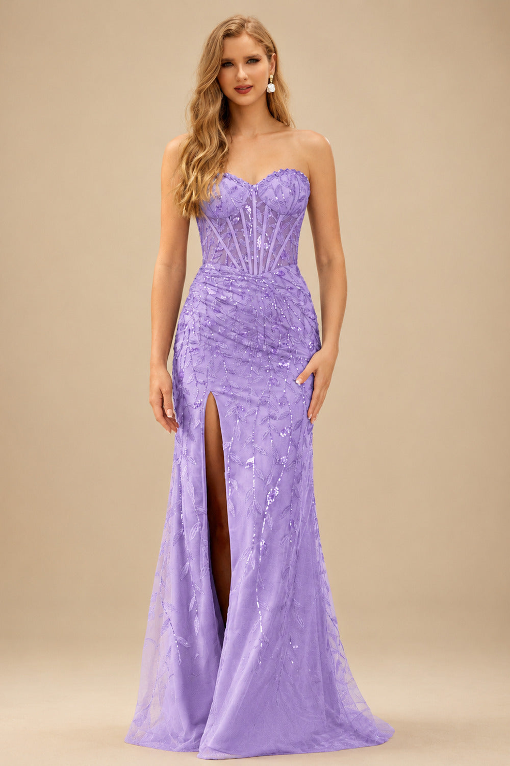 Rutipo Lilac Fitted Strapless Sweetheart Sheer Corset Sequins Prom Dress With Slit