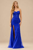 Rutipo Royal Blue Fitted Strapless Sweetheart Sheer Corset Sequins Prom Dress With Slit